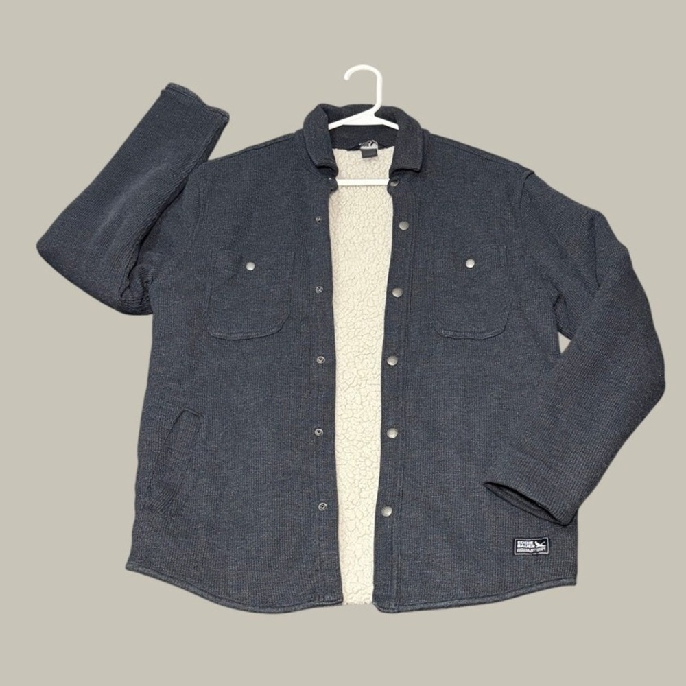 Eddie Bauer Mens Small Sherpa Lined Waffle Knit Shirt Jacket Gray Snap Front